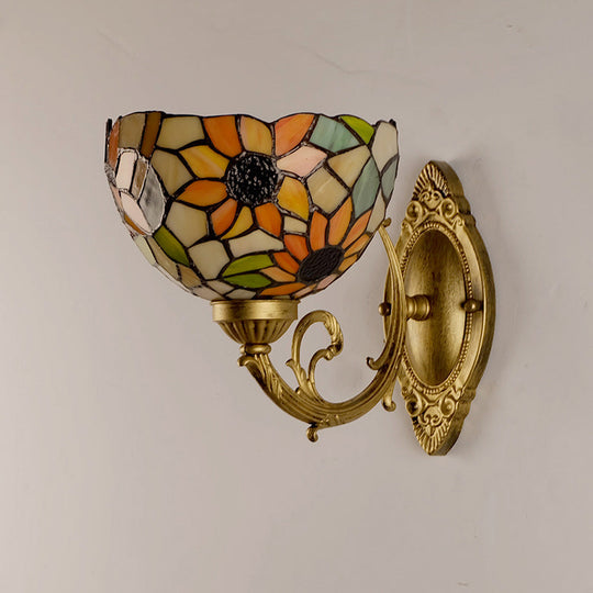 Tiffany Stained Glass Sunflower Wall Light with Gold Mount and Bowl Shade