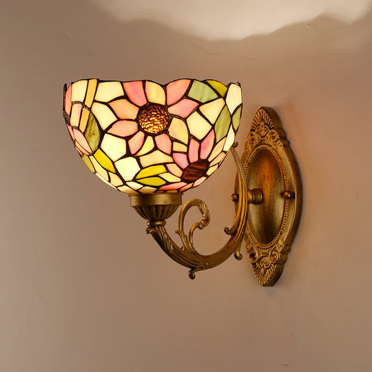 Tiffany Stained Glass Sunflower Wall Light with Gold Mount and Bowl Shade