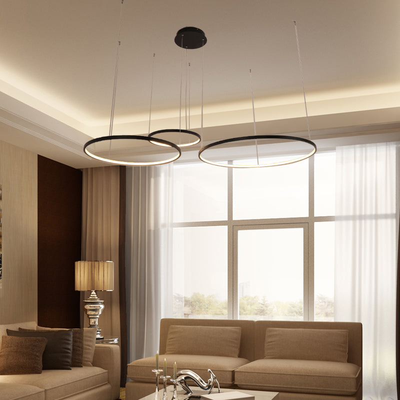 Minimalist Acrylic Chandelier Light - Black Circular Pendant Fixture (1/2/3 Lights) in White/Warm Light