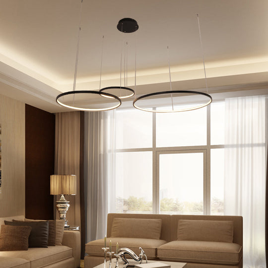 Minimalist Acrylic Chandelier Light - Black Circular Pendant Fixture (1/2/3 Lights) in White/Warm Light