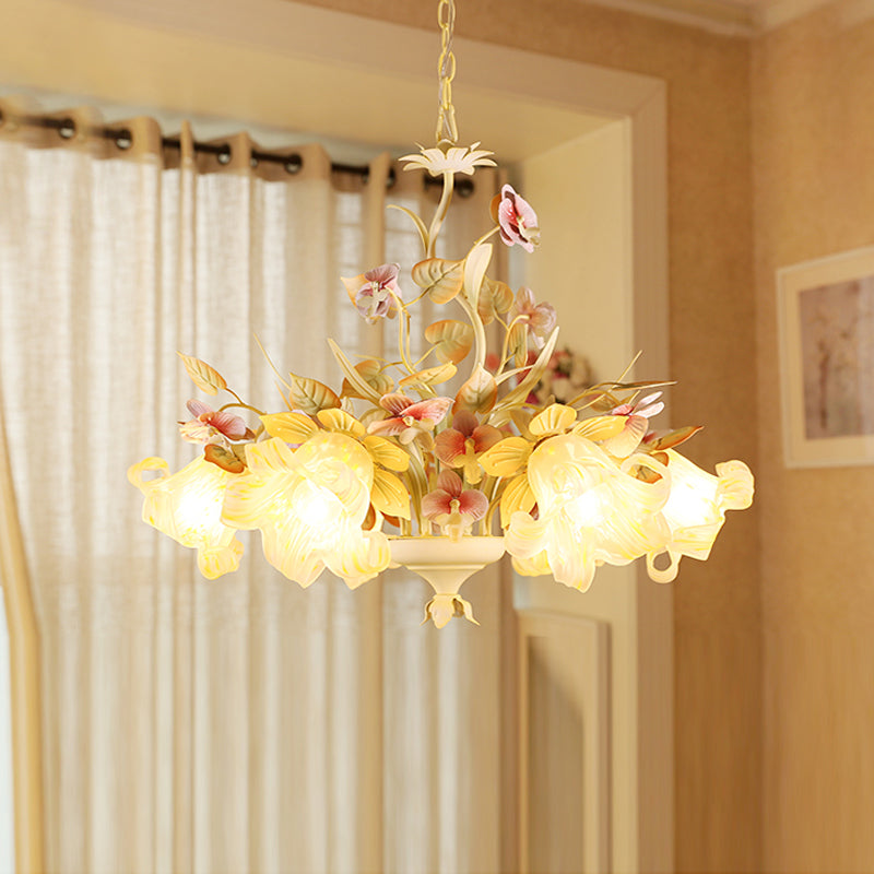 White Glass Chandelier with Flower and Leaf Decor for Countryside Charm - 3/6 Bulb Pendant for Bedroom