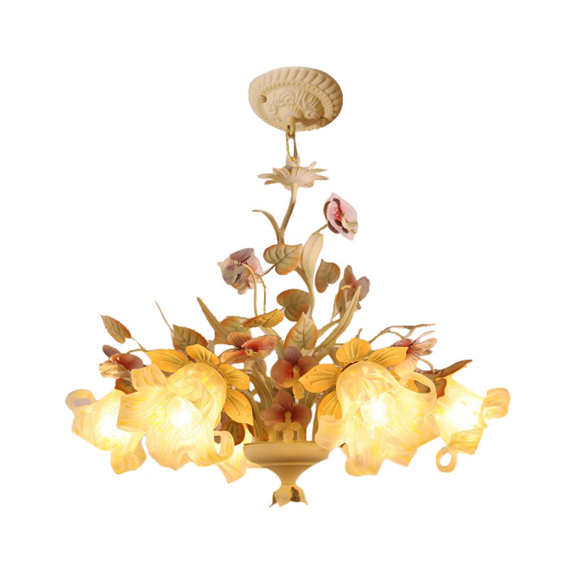 White Glass Chandelier with Flower and Leaf Decor for Countryside Charm - 3/6 Bulb Pendant for Bedroom
