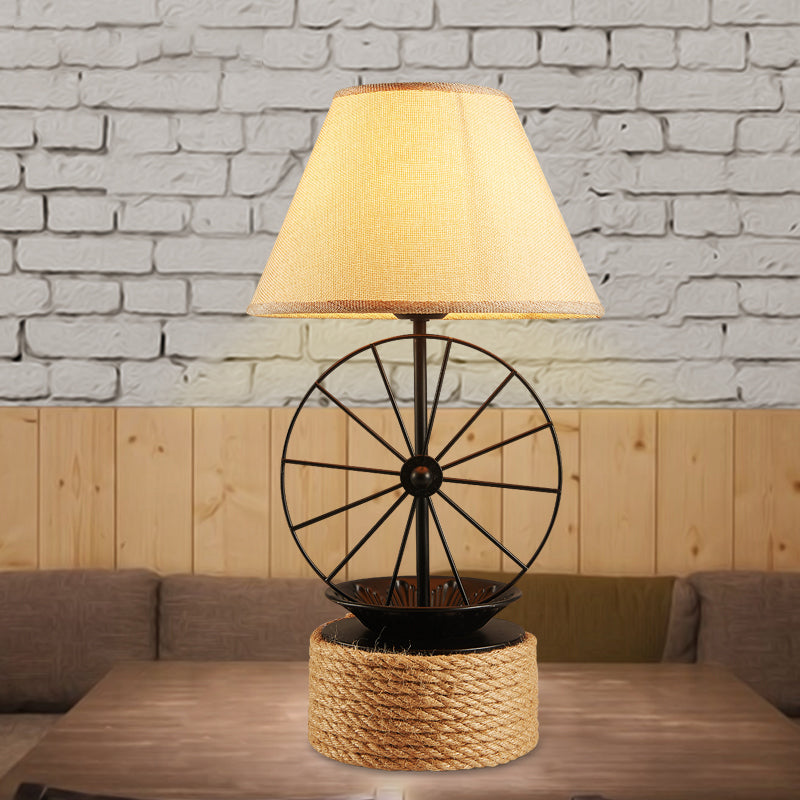 Factory Style Black Table Lamp with Wheel Deco - 1-Light Fabric Conic Desk Lighting for Dining Room