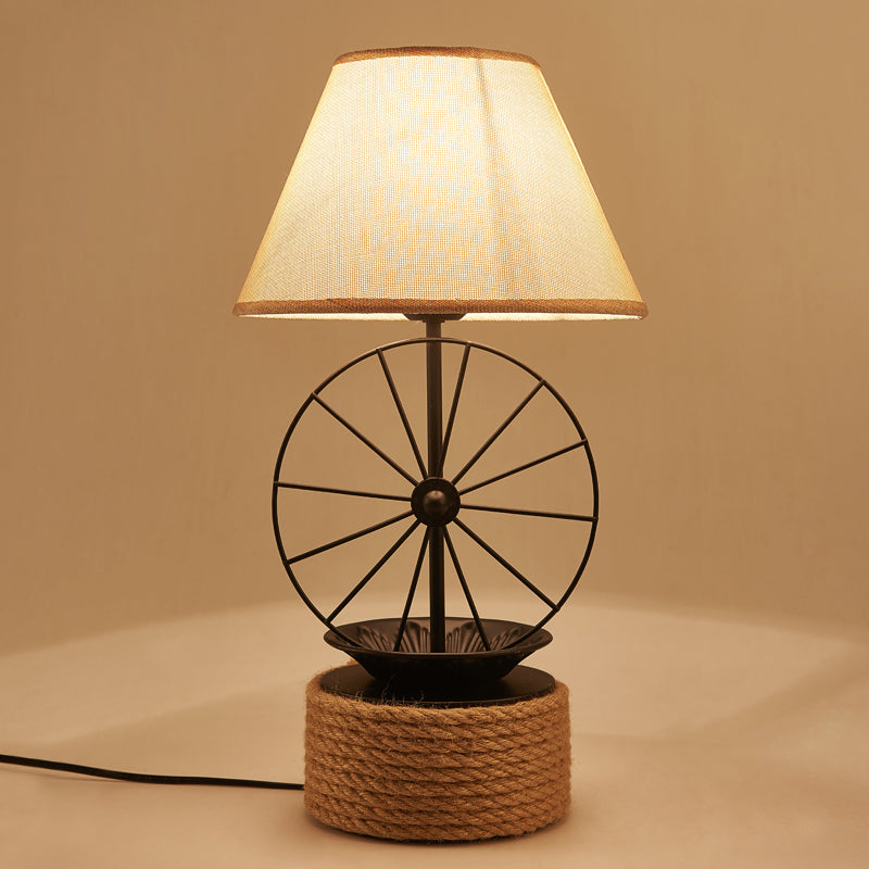 Factory Style Black Table Lamp with Wheel Deco - 1-Light Fabric Conic Desk Lighting for Dining Room