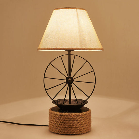 Factory Style Black Table Lamp with Wheel Deco - 1-Light Fabric Conic Desk Lighting for Dining Room