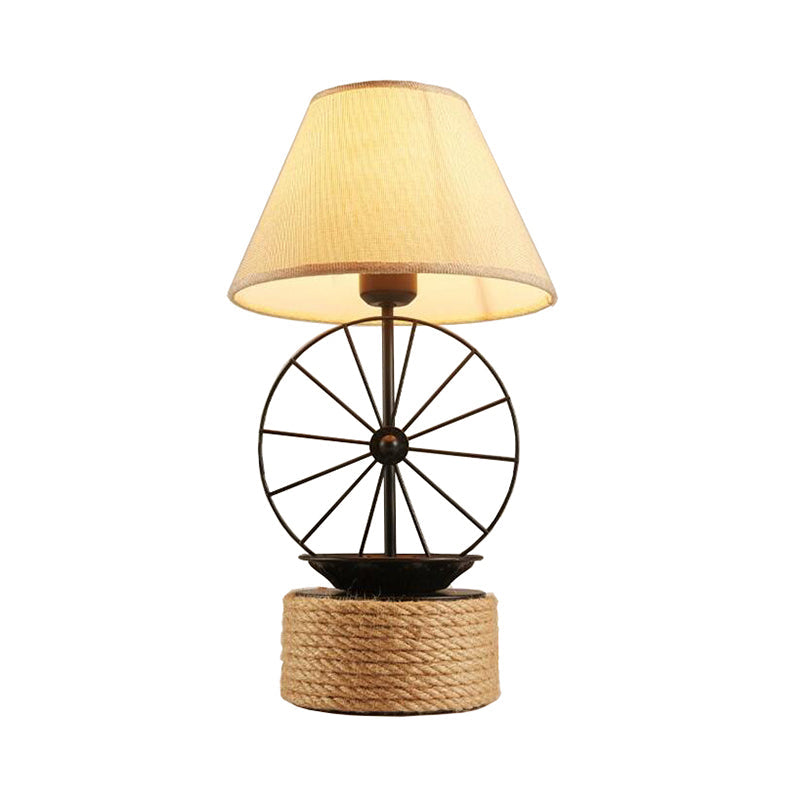 Factory Style Black Table Lamp with Wheel Deco - 1-Light Fabric Conic Desk Lighting for Dining Room