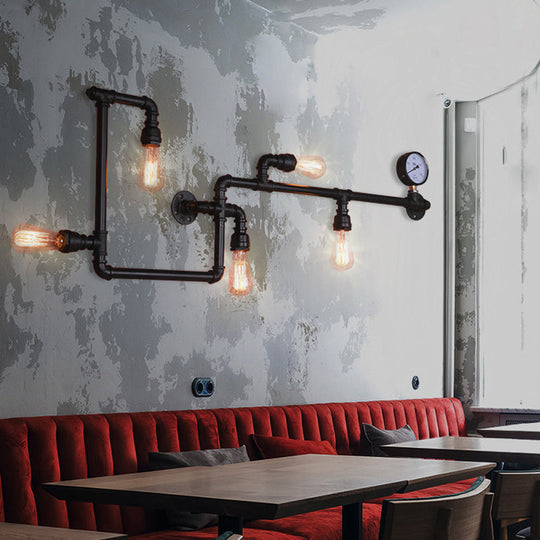 Modern 5-Head Wall Light Fixture: Maze Metallic Sconce in Black/Rust with Open Bulb & Gauge Deco