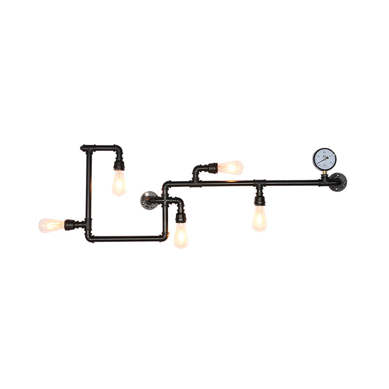 Modern 5-Head Wall Light Fixture: Maze Metallic Sconce in Black/Rust with Open Bulb & Gauge Deco