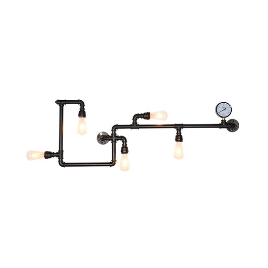 Modern 5-Head Wall Light Fixture: Maze Metallic Sconce in Black/Rust with Open Bulb & Gauge Deco