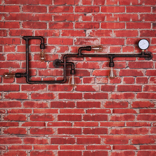 Modern 5-Head Wall Light Fixture: Maze Metallic Sconce in Black/Rust with Open Bulb & Gauge Deco