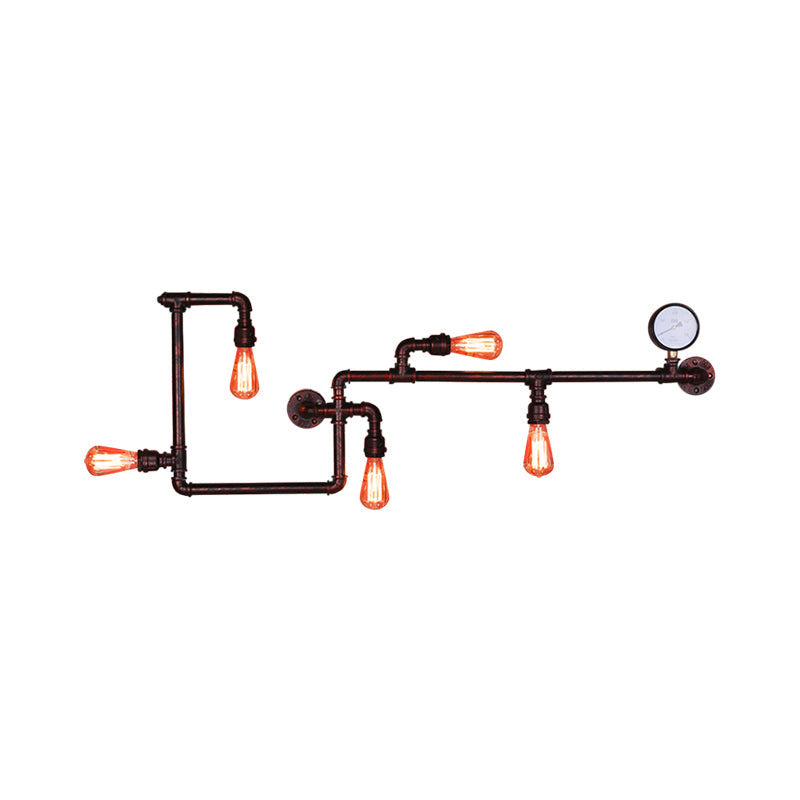 Modern 5-Head Wall Light Fixture: Maze Metallic Sconce in Black/Rust with Open Bulb & Gauge Deco