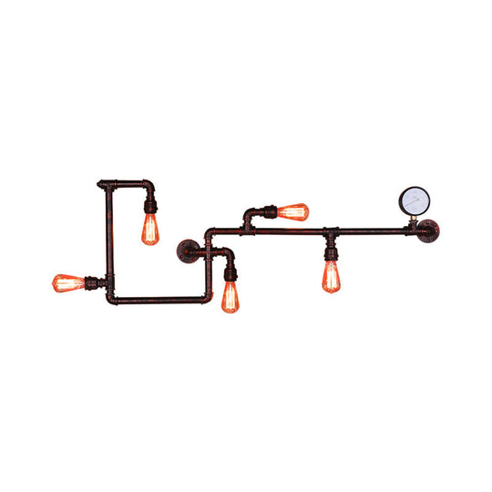 Modern 5-Head Wall Light Fixture: Maze Metallic Sconce in Black/Rust with Open Bulb & Gauge Deco
