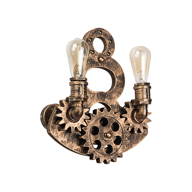 Vintage Metal Wall Mount Light Fixture - Bare Bulb Wall Sconce with Brass Finish and Gear Deco - 2-Light Option