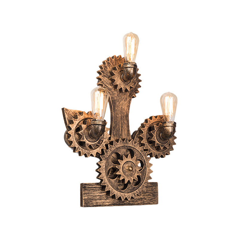 Farmhouse Metal Wall Lamp: Open Bulb Design with 3 Heads, Brass Finish, Gear & Anchor Backplate - Living Room Sconce Light