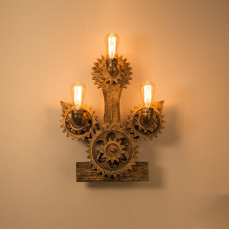 Farmhouse Metal Wall Lamp: Open Bulb Design with 3 Heads, Brass Finish, Gear & Anchor Backplate - Living Room Sconce Light