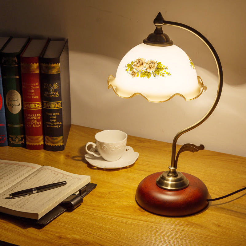 Ivory Glass Scalloped Desk Lamp - Romantic Nightstand Light for Bedroom