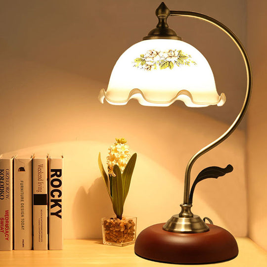 Ivory Glass Scalloped Desk Lamp - Romantic Nightstand Light for Bedroom