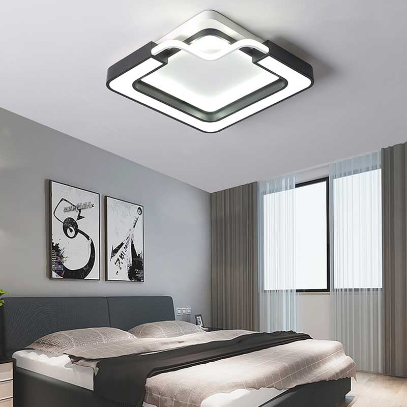 16"/19.5" Contemporary Metal LED Flush Mount Lamp – Black/White Square/Round Ceiling Fixture for Bedroom – White Light