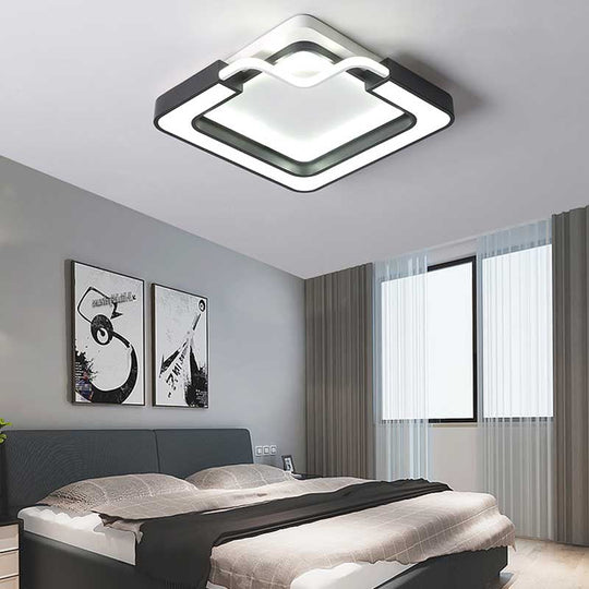 16"/19.5" Contemporary Metal LED Flush Mount Lamp – Black/White Square/Round Ceiling Fixture for Bedroom – White Light