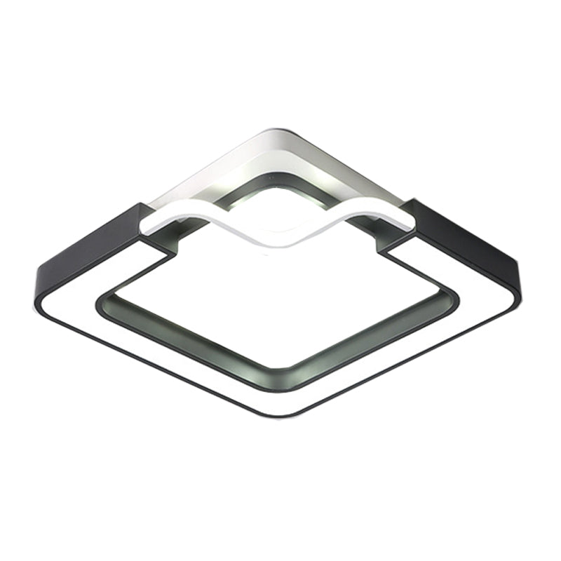 16"/19.5" Contemporary Metal LED Flush Mount Lamp – Black/White Square/Round Ceiling Fixture for Bedroom – White Light