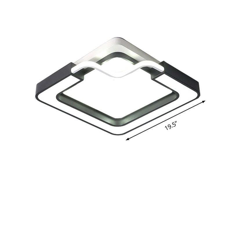 16"/19.5" Contemporary Metal LED Flush Mount Lamp – Black/White Square/Round Ceiling Fixture for Bedroom – White Light
