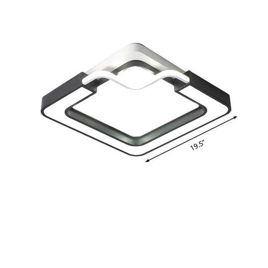 16"/19.5" Contemporary Metal LED Flush Mount Lamp – Black/White Square/Round Ceiling Fixture for Bedroom – White Light