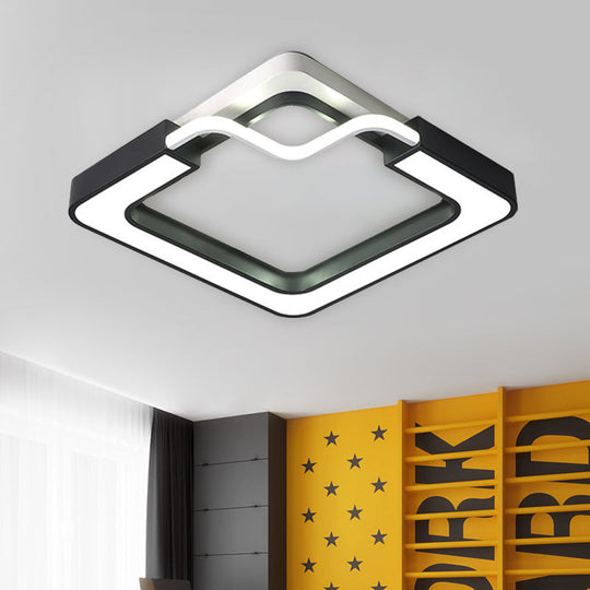 16"/19.5" Contemporary Metal LED Flush Mount Lamp – Black/White Square/Round Ceiling Fixture for Bedroom – White Light