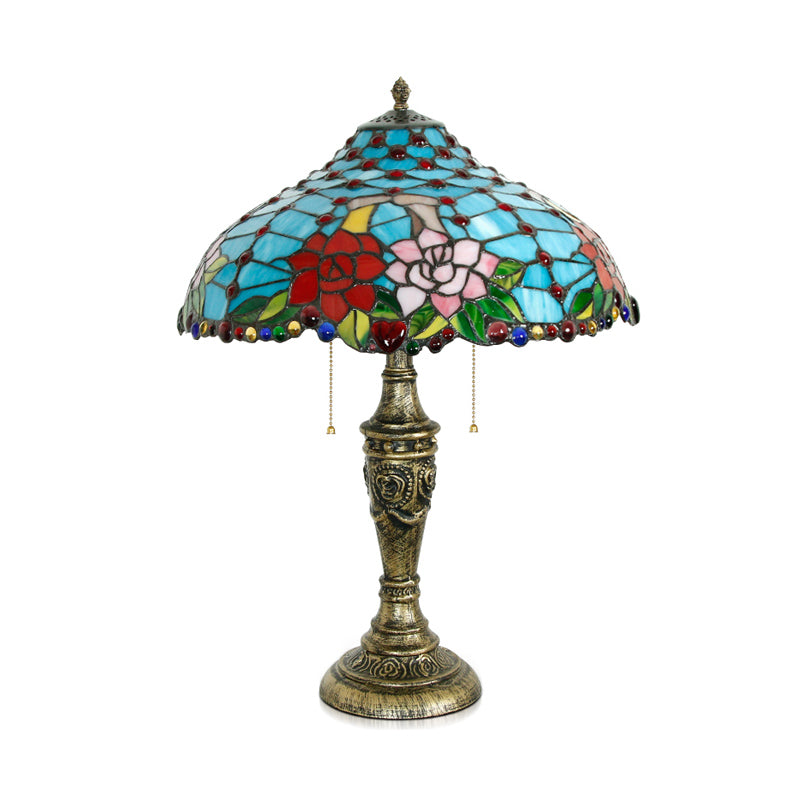 Tiffany Stained Glass Blue Table Lamp with Pull Chain - Rose Pattern, 3 Heads, Nightstand Lighting