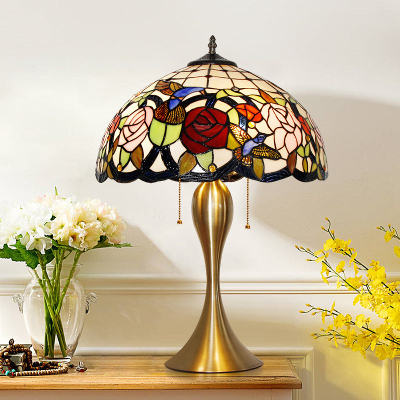 Traditional Stained Glass Dome Nightstand Lamp with 3 Heads, Brass Pull Chain, Floral and Bird Pattern