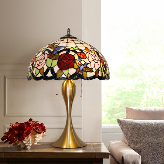 Traditional Stained Glass Dome Nightstand Lamp with 3 Heads, Brass Pull Chain, Floral and Bird Pattern