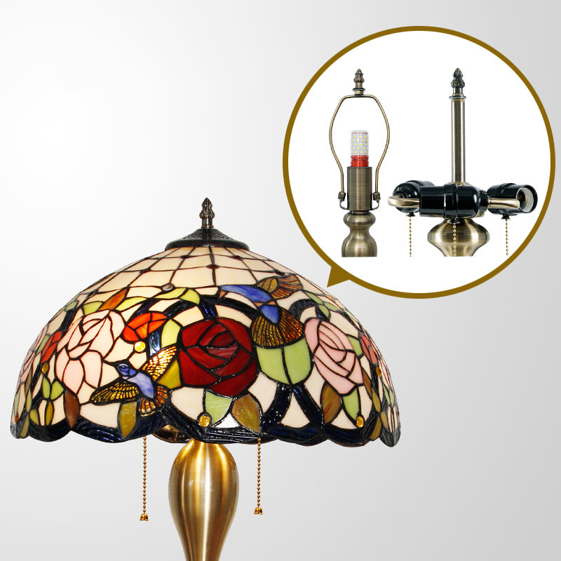 Traditional Stained Glass Dome Nightstand Lamp with 3 Heads, Brass Pull Chain, Floral and Bird Pattern