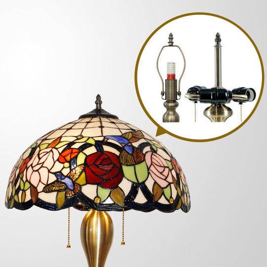 Traditional Stained Glass Dome Nightstand Lamp with 3 Heads, Brass Pull Chain, Floral and Bird Pattern