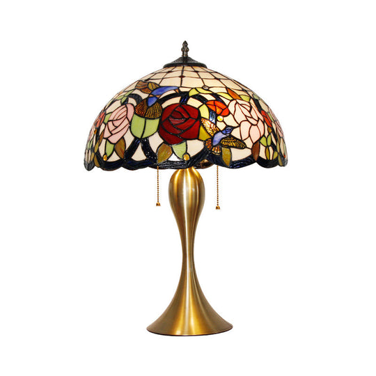 Traditional Stained Glass Dome Nightstand Lamp with 3 Heads, Brass Pull Chain, Floral and Bird Pattern