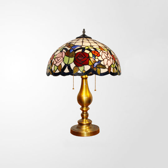 Traditional Stained Glass Dome Nightstand Lamp with 3 Heads, Brass Pull Chain, Floral and Bird Pattern