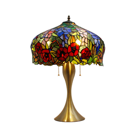 Gold Stained Glass Table Lamp with Flower Pattern - Classic Nightstand Lighting, 3 Bulbs, Pull Chain
