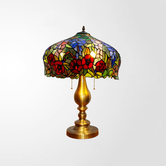 Gold Stained Glass Table Lamp with Flower Pattern - Classic Nightstand Lighting, 3 Bulbs, Pull Chain