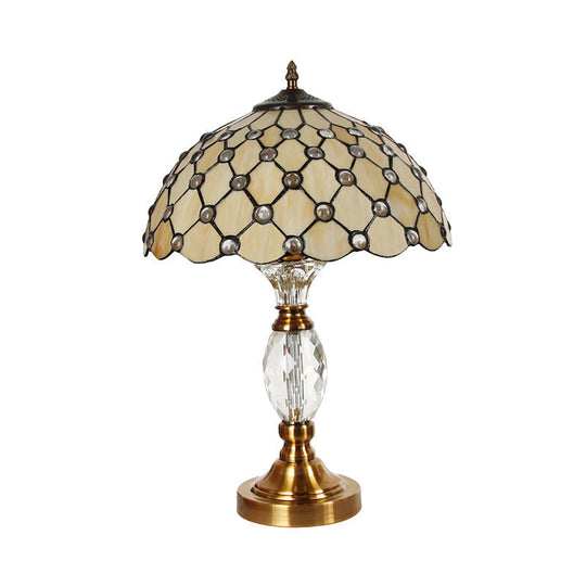 Tiffany Handcrafted Glass Table Light - 1-Light Beige Nightstand Lighting with Trellis Pattern