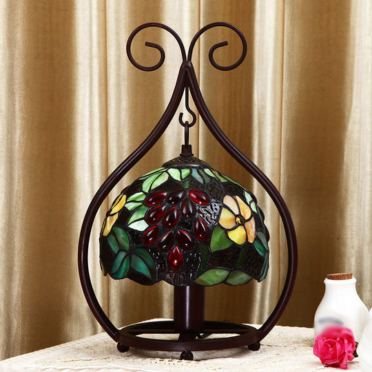 Classic Stained Glass Nightstand Lamp with Green Floral and Bird Pattern - Elegant Table Lighting