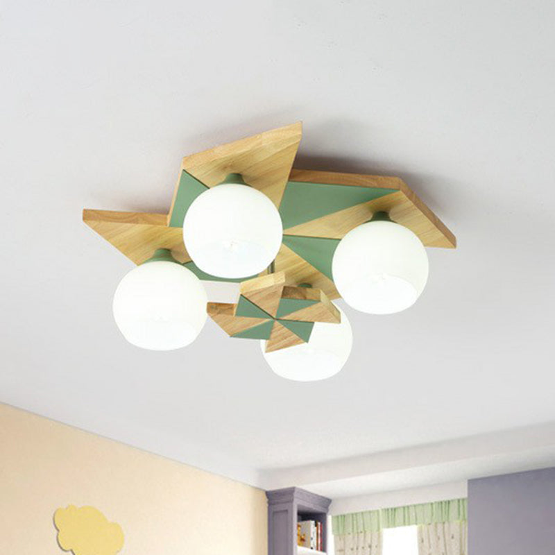 Windmill Kids Wooden Flush Mount Light with Sphere Opal Glass Shade - Nordic 4-Head Fixture