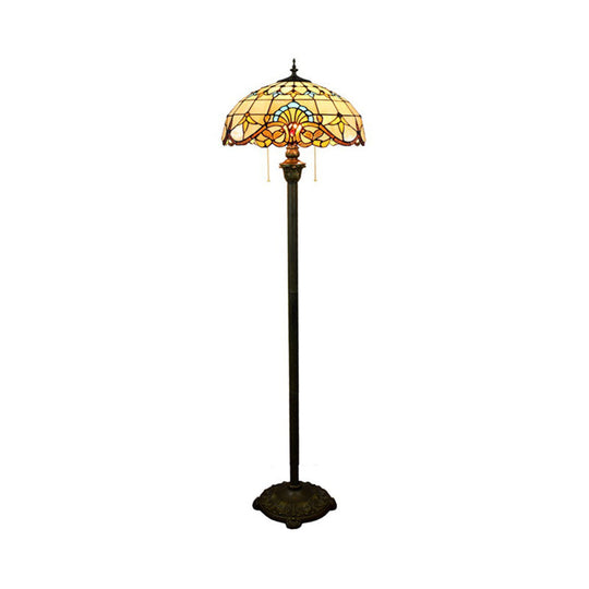 Baroque Brown Stained Glass Floor Lamp with Scalloped Dome Design, Dual Heads, Pull Chain - Ideal for Living Room