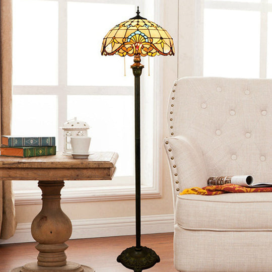 Baroque Brown Stained Glass Floor Lamp with Scalloped Dome Design, Dual Heads, Pull Chain - Ideal for Living Room