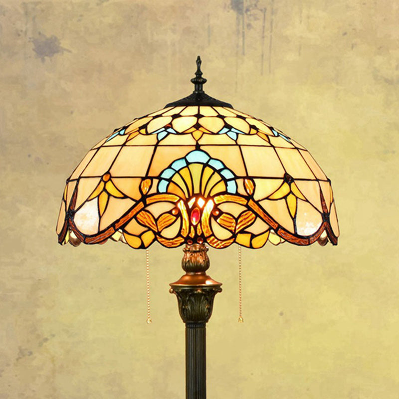 Baroque Brown Stained Glass Floor Lamp with Scalloped Dome Design, Dual Heads, Pull Chain - Ideal for Living Room