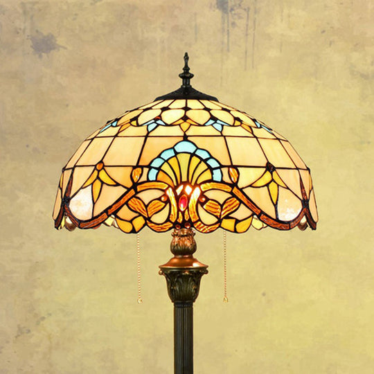 Baroque Brown Stained Glass Floor Lamp with Scalloped Dome Design, Dual Heads, Pull Chain - Ideal for Living Room