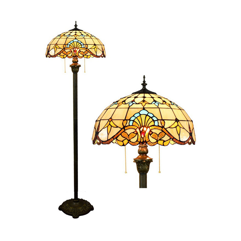 Baroque Brown Stained Glass Floor Lamp with Scalloped Dome Design, Dual Heads, Pull Chain - Ideal for Living Room