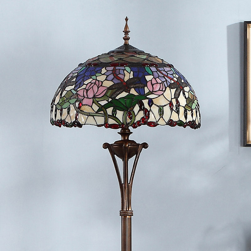 Vintage Green Dome Floor Light with Stained Glass, Floral, and Dragonfly Pattern - 3 Bulb Standing Lamp
