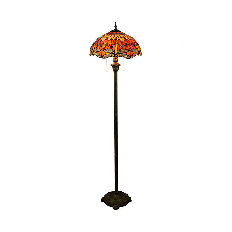 Traditional Stained Glass Dragonfly Standing Lamp with 2 Bulbs and Pull Chain - Floor Light in Orange