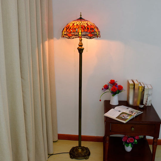 Traditional Stained Glass Dragonfly Standing Lamp with 2 Bulbs and Pull Chain - Floor Light in Orange