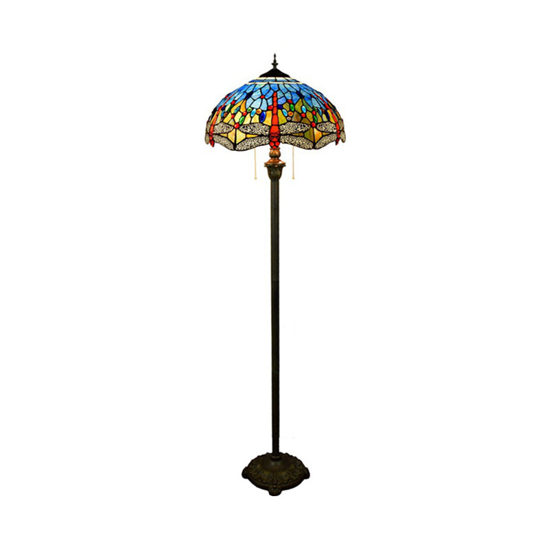 Dragonfly Stained Art Glass Tiffany Floor Lamp - 2 Heads, Blue with Pull Chain