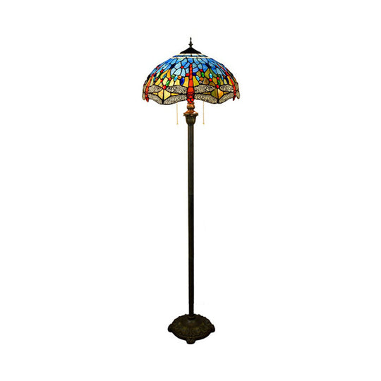 Dragonfly Stained Art Glass Tiffany Floor Lamp - 2 Heads, Blue with Pull Chain