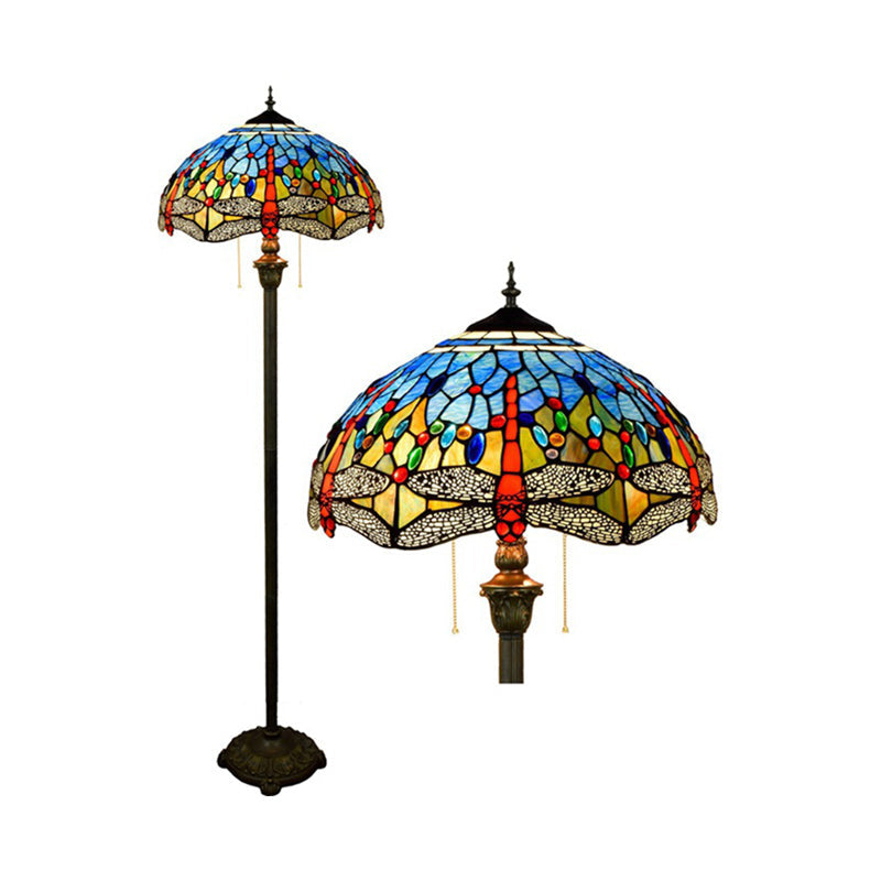 Dragonfly Stained Art Glass Tiffany Floor Lamp - 2 Heads, Blue with Pull Chain